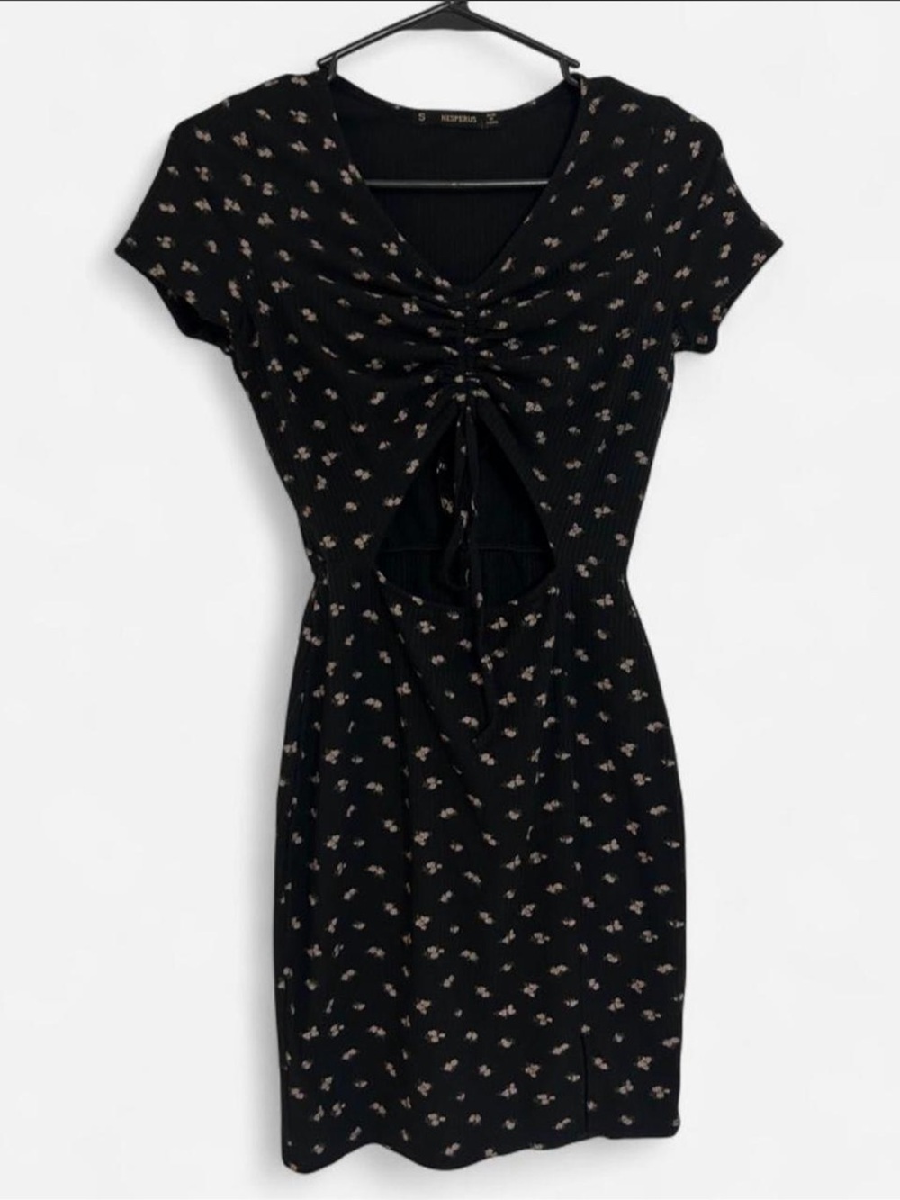 Black Floral Cutout Mini Dress with Front Tie & Cut out